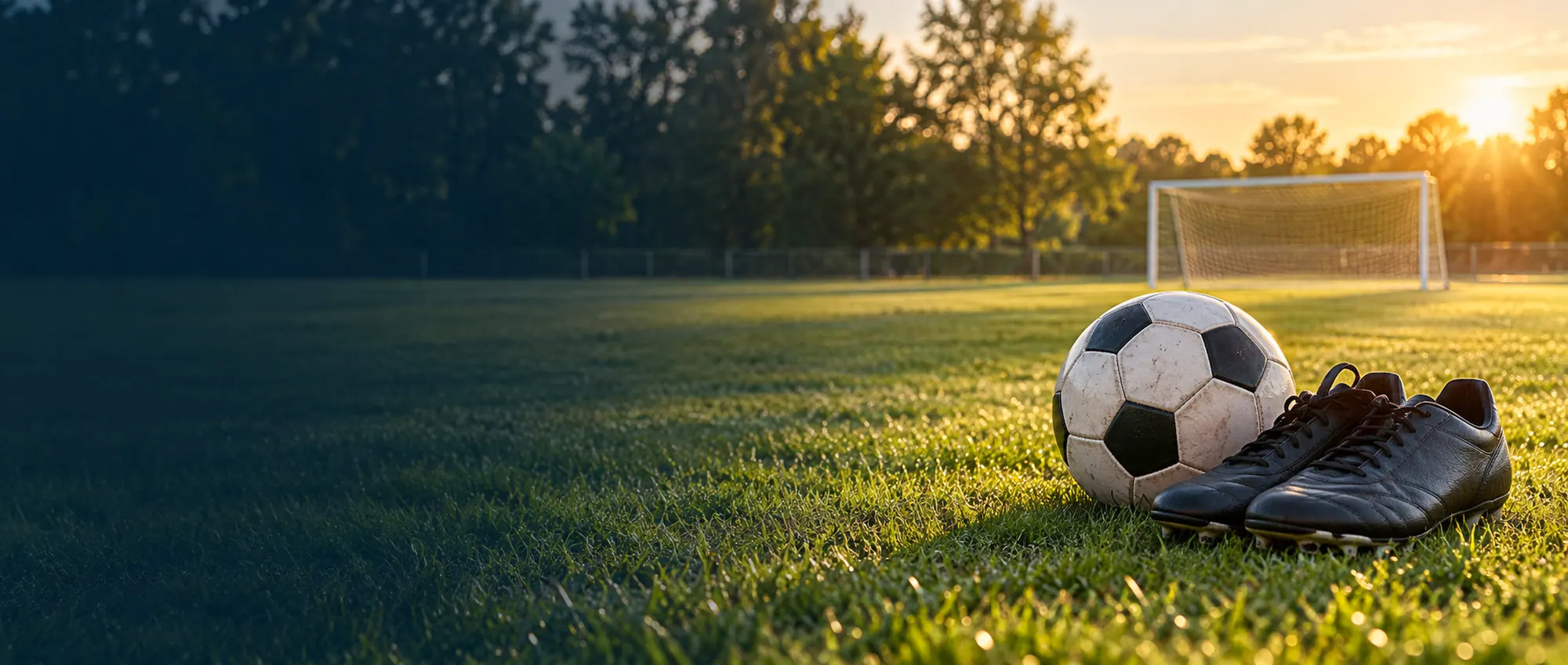 A football and a small pair of boots on a sunny local pitch