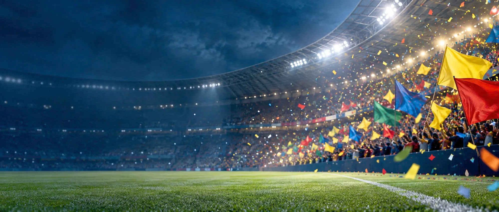 Floodlit stadium crowd waving flags in many colors under falling confetti