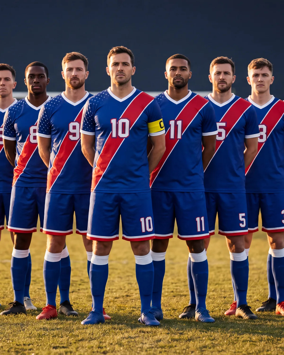 A Sunday league squad of eleven in matching red, white and blue kits with squad numbers, the captain in the number 10 shirt and the goalkeeper in number 1