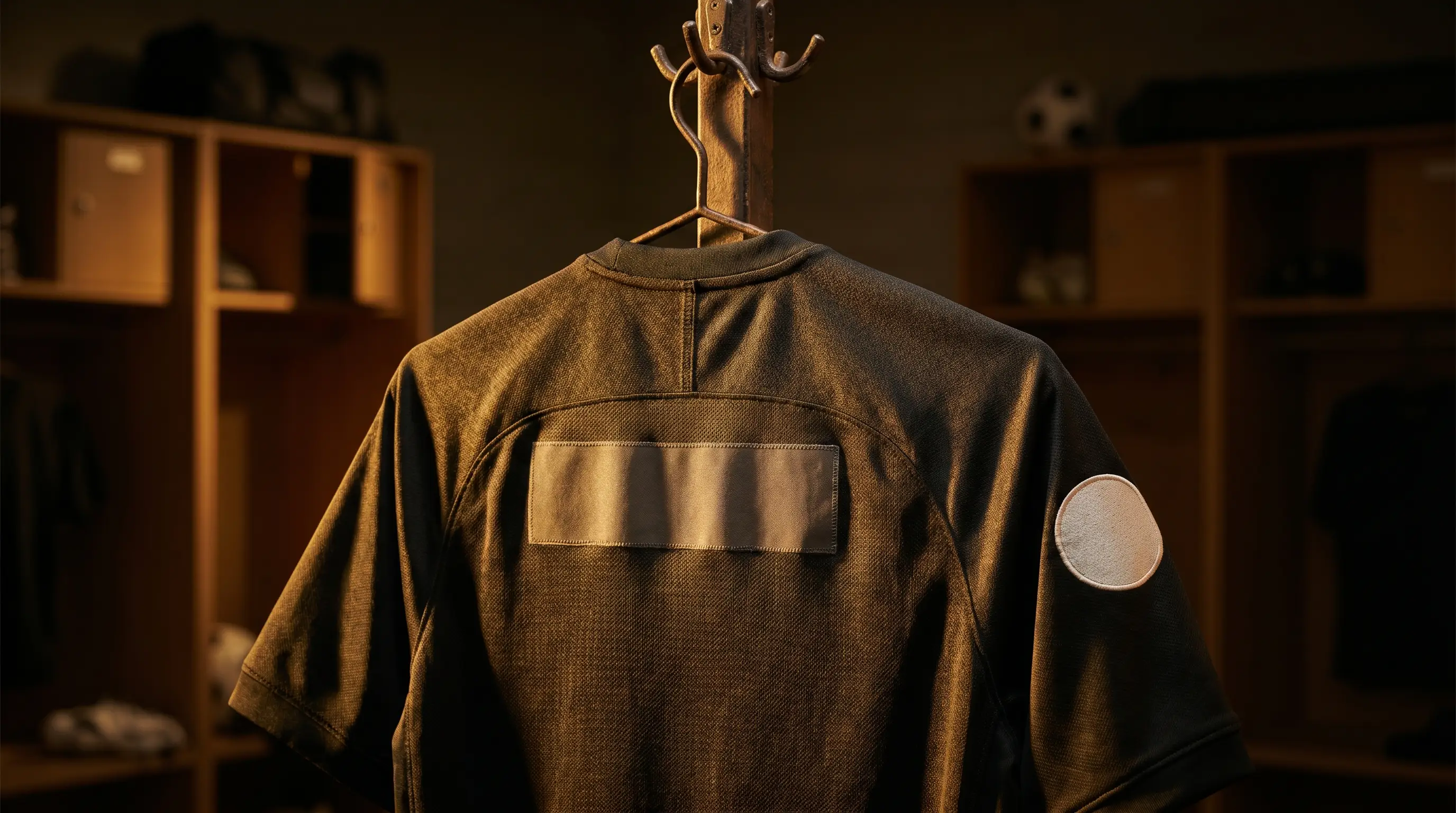 A soccer jersey with a blank nameplate ready for custom printing